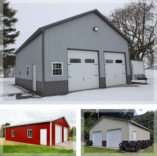 Image collage of sheds and workshops built with metal siding and metal roofing systems
